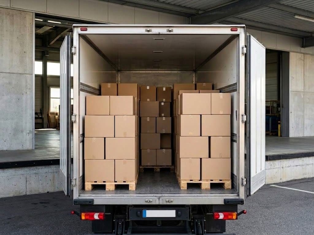 トラックの荷台に積み込まれたパレット上の段ボール