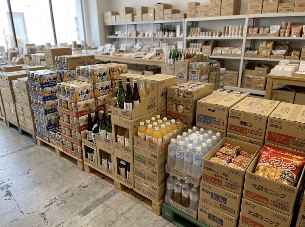 飲料ケースや加工食品の段ボールがパレットに積み上げられた卸売倉庫の保管エリア