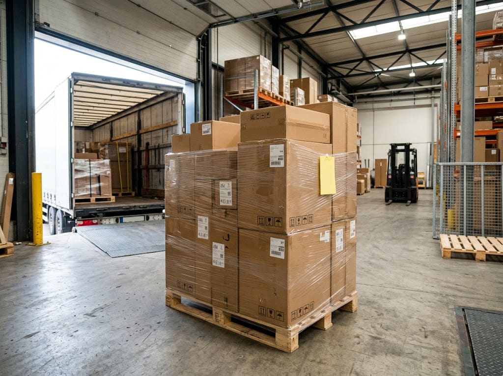 倉庫の出荷エリアでパレットに積まれた大型段ボール