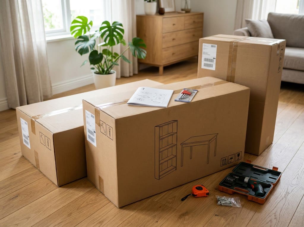 組み立て前の大型家具が入った段ボールと工具