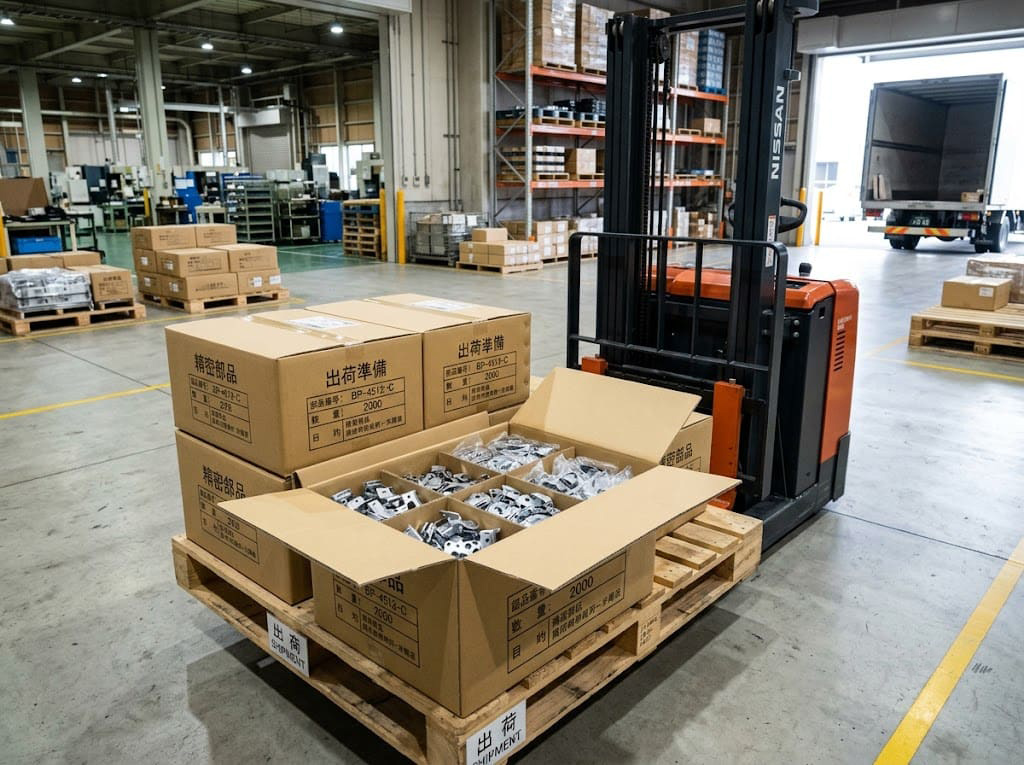 出荷準備の金属部品が詰められた段ボールとフォークリフト