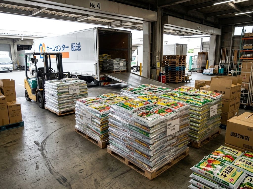 出荷場に並ぶ肥料袋や農産加工品のパレット