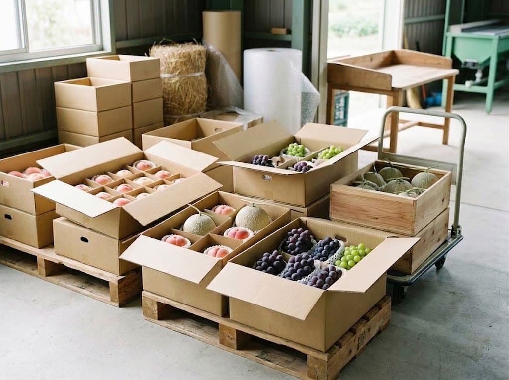 出荷場に並ぶ桃やぶどうを詰めた農産物の出荷箱