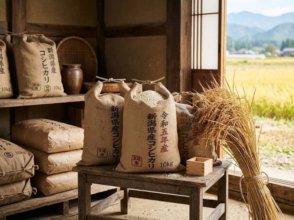 棚に並ぶコシヒカリの米袋と収穫した稲穂