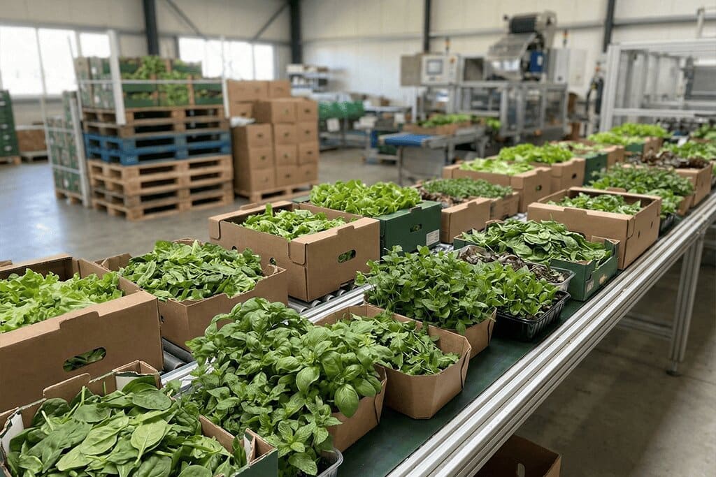 コンベヤに並ぶ葉物野菜やハーブを詰めた出荷用容器