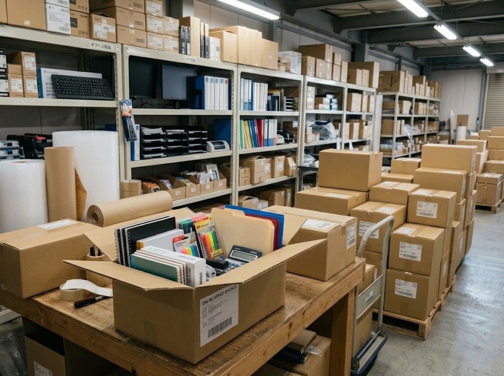 オフィス用品や事務機器を箱詰めする物流拠点の作業台
