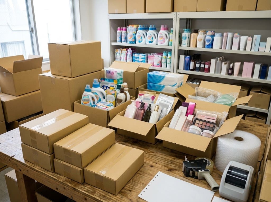 定期便向けに化粧品や日用品を箱詰めする梱包作業台