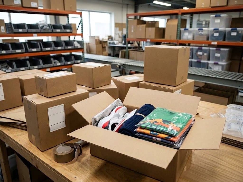 ネットショップの出荷作業台に並ぶ段ボールと衣類