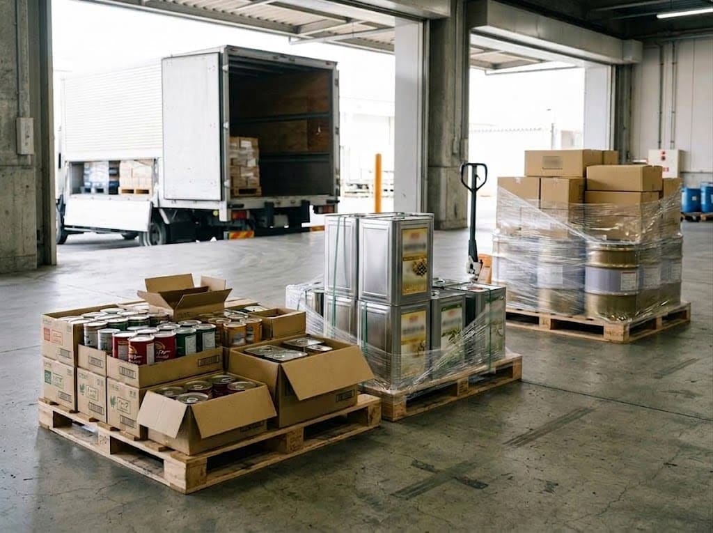 食品工場の出荷場でトラックへの積み込みを待つ製品ケース