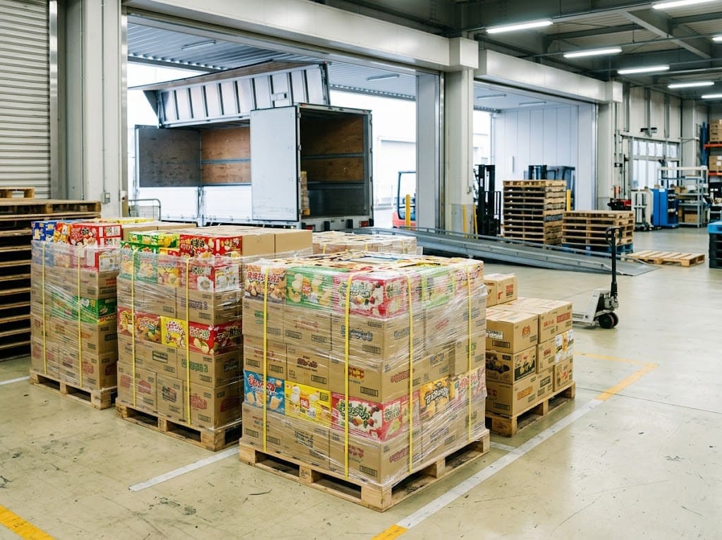 ストレッチ包装されてパレットに積まれたスナック菓子の段ボール