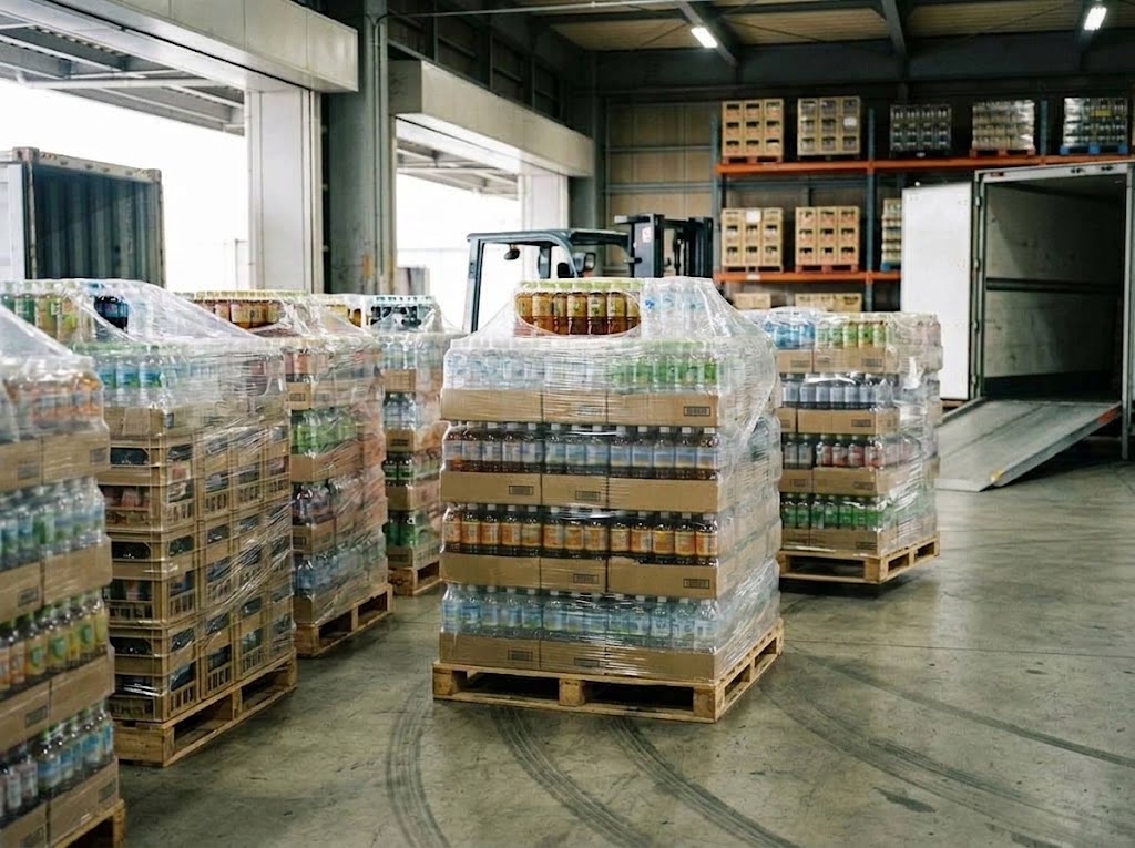 ペットボトル飲料がパレット積みされた出荷エリア