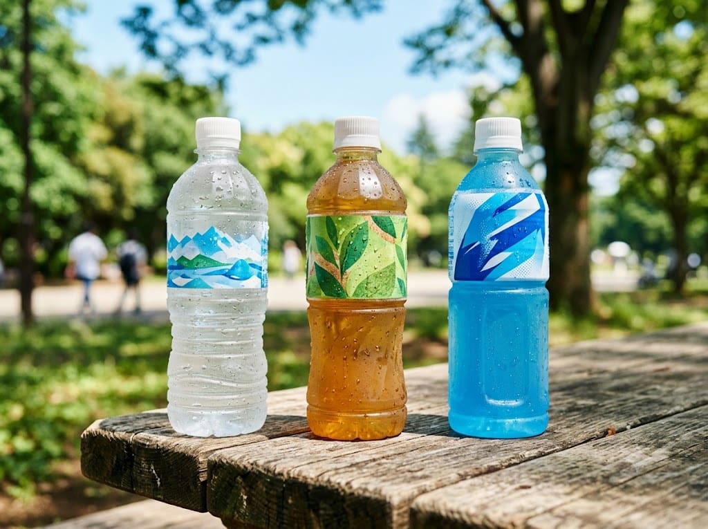 屋外の木製テーブルに置かれたペットボトル飲料